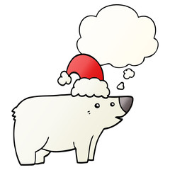cartoon bear wearing christmas hat and thought bubble in smooth gradient style