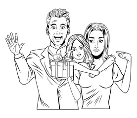 family avatar with gift box in black and white