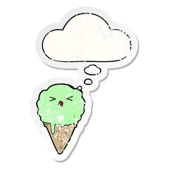 cartoon ice cream and thought bubble as a distressed worn sticker