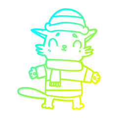 cold gradient line drawing cartoon cat in winter clothes