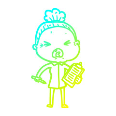 cold gradient line drawing cartoon angry old woman