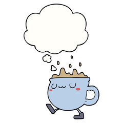 cartoon coffee cup walking and thought bubble