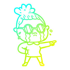 cold gradient line drawing cartoon crying woman wearing spectacles