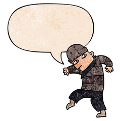 cartoon sneaking thief and speech bubble in retro texture style