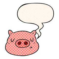 cartoon pig face and speech bubble in comic book style