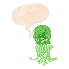 cartoon jellyfish and speech bubble in retro textured style