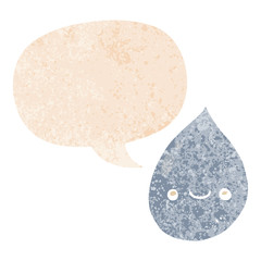 cartoon raindrop and speech bubble in retro textured style