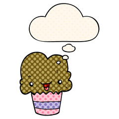 cartoon cupcake with face and thought bubble in comic book style