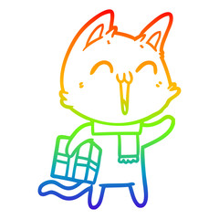 rainbow gradient line drawing happy cartoon cat with christmas gift