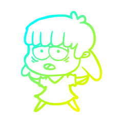 cold gradient line drawing cartoon tired woman