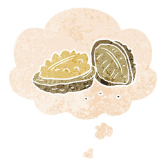 cartoon walnuts and thought bubble in retro textured style