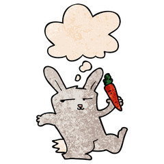 cartoon rabbit with carrot and thought bubble in grunge texture pattern style