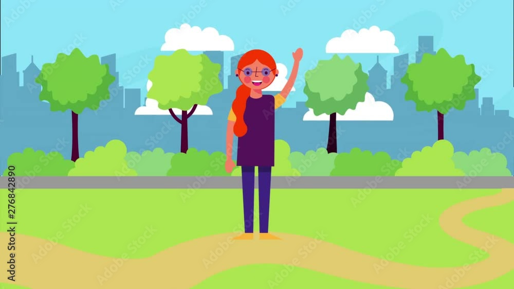 Poster young woman waving in park landscape