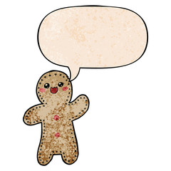 cartoon gingerbread man and speech bubble in retro texture style