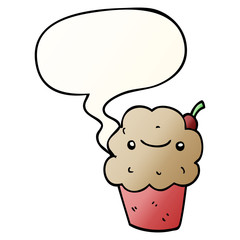cartoon cupcake and speech bubble in smooth gradient style