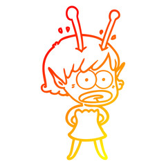 warm gradient line drawing cartoon shocked alien girl