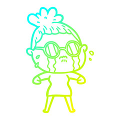 cold gradient line drawing cartoon crying woman wearing spectacles