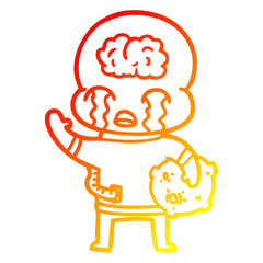 warm gradient line drawing cartoon big brain alien crying and waving goodbye