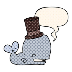 cartoon whale wearing top hat and speech bubble in comic book style