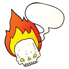 spooky cartoon flaming skull and speech bubble in smooth gradient style