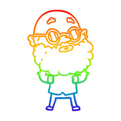 rainbow gradient line drawing cartoon curious man with beard and glasses