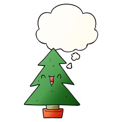 cartoon christmas tree and thought bubble in smooth gradient style