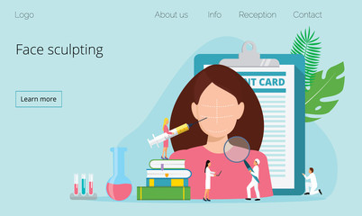 Tiny cosmetologists make face needle injection. Woman getting wrinkles filling. Facial contouring, facial correction surgery, rhinoplasty concept vector for homepage, app, landing page, website.