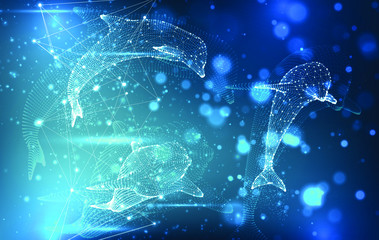 Vector dolphins from dots and lines float on a bright blue background with highlights and flashes.