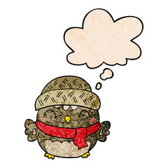 cute cartoon owl in hat and thought bubble in grunge texture pattern style