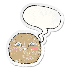 cartoon biscuit and speech bubble distressed sticker