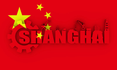 Gear with sea shipping and travel relative silhouettes.. Calligraphy inscription. Shanghai city name text. 3D rendering. Flag of the China