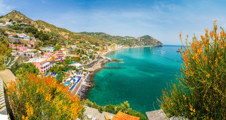 Landscape with Sant Angelo village and Maronti beach, coast of Ischia, Italy