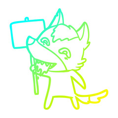 cold gradient line drawing cartoon hungry wolf with sign post