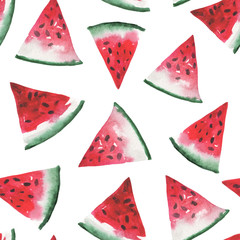 Watercolor seamless pattern of watermelon slices. On the theme of summer holidays on the coast near the water. Summer mood in a composition on a white background.