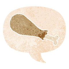 cartoon chicken leg and speech bubble in retro textured style