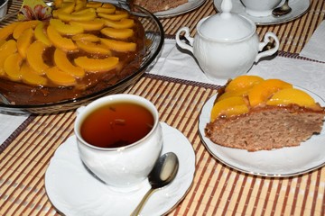 Breakfast with a Cup of tea and a piece of cake