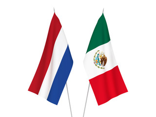 National fabric flags of Mexico and Netherlands isolated on white background. 3d rendering illustration.