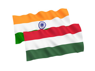 National fabric flags of Hungary and India isolated on white background. 3d rendering illustration. 1 to 2 proportion.