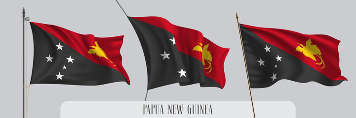 Set of Papua New Guinea waving flag on isolated background vector illustration