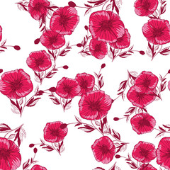 Flourish poppies pattern in line art style. Poppy flower line art. Botanical seamless vector texture. Colorful background blossoming bloomy vector. Wildflowers handcrafted artsy poppy surface design