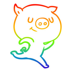 rainbow gradient line drawing happy cartoon pig running