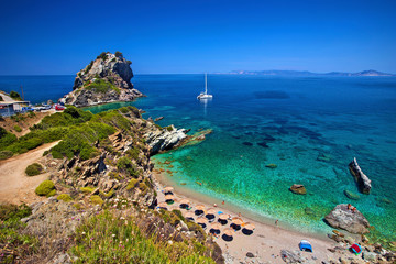 SKOPELOS ISLAND, NORTHERN SPORADES, GREECE.  Agios Ioannis ("Ai Giannis sto Kastri") church and beach.