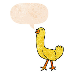 cartoon bird and speech bubble in retro textured style