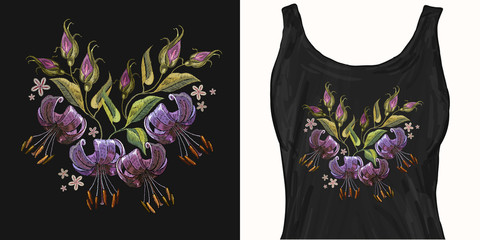 Embroidery tiger lillies. Trendy apparel design. Template for fashionable clothes, modern print for t-shirts, apparel art