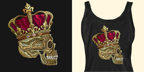 Embroidery skull in golden crown. Dead king. Trendy apparel design. Template for fashionable clothes, modern print for t-shirts, apparel art