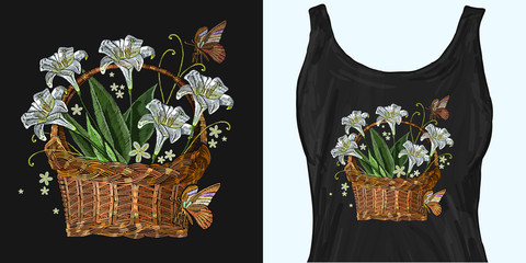 Beautiful white lillies classical embroidery in a wicker basket. Trendy apparel design. Template for fashionable clothes, modern print for t-shirts, apparel art