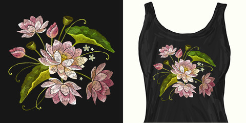 Classical embroidery pink lotuses, water lily. Trendy apparel design. Template for fashionable clothes, modern print for t-shirts, apparel art