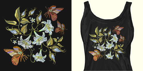 Beautiful white lillies and butterfly, classical embroidery. Trendy apparel design. Template for fashionable clothes, modern print for t-shirts, apparel art