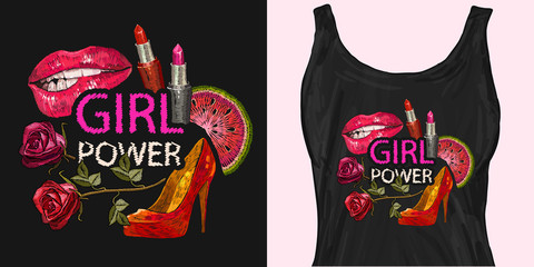 Embroidery. Girl power slogan. Trendy apparel design. Template for fashionable clothes, modern print for t-shirts, apparel art