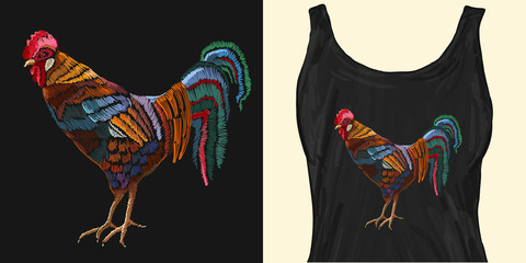Embroidery beautiful male rooster. Trendy apparel design. Template for fashionable clothes, modern print for t-shirts, apparel art